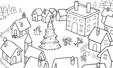 Disegni di Natale: Villaggio di Babbo Natale da colorare e stampare