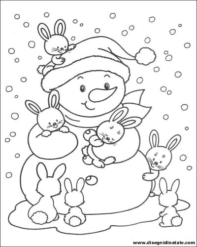 Disegni di Natale: Pupazzo di neve con coniglietti